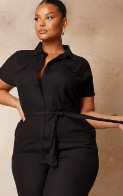 Plus Black Lightweight Belted Utility Jumpsuit