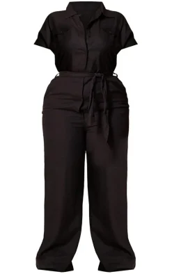 Plus Black Lightweight Belted Utility Jumpsuit