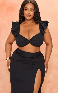 Plus Black Linen Look Puff Sleeve Crop Top