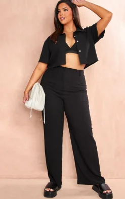 Plus Black Linen Look Wide Leg Pant