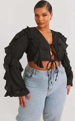 Plus Black Linen Ruffle Front Tie Front Cropped Shirt