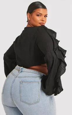 Plus Black Linen Ruffle Front Tie Front Cropped Shirt