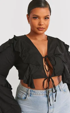 Plus Black Linen Ruffle Front Tie Front Cropped Shirt