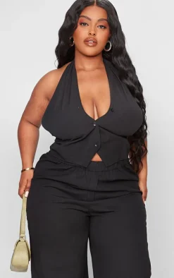 Plus Black Linen Wrap Halterneck Vest