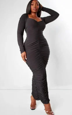 Plus Black Long Sleeve Extreme Ruching Midaxi Dress