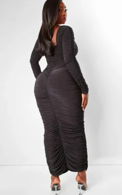 Plus Black Long Sleeve Extreme Ruching Midaxi Dress