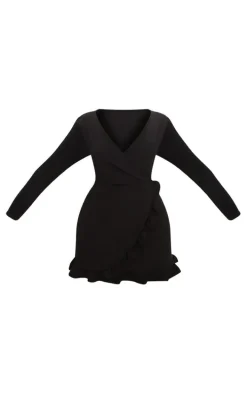 Plus Black Long Sleeve Ruffle Wrap Dress