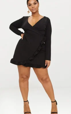 Plus Black Long Sleeve Ruffle Wrap Dress