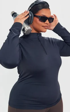 Plus Black Long Sleeve Zip Up Sports Top