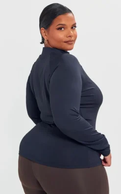 Plus Black Long Sleeve Zip Up Sports Top