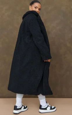 Plus Black Longline Borg Coat