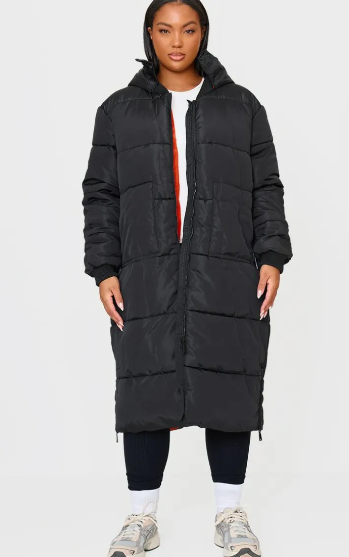 Plus Black Maxi Contrast Hooded Puffer Jacket