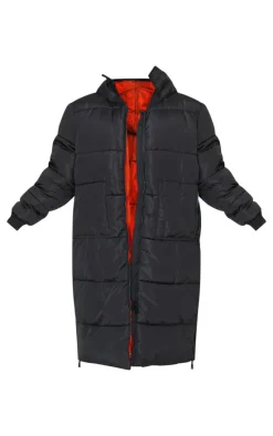 Plus Black Maxi Contrast Hooded Puffer Jacket