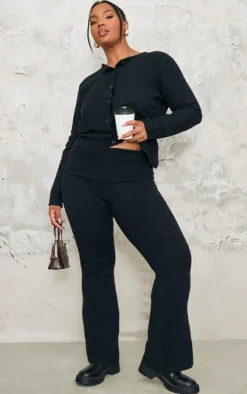 Plus Black Melange Soft Knit Foldover Waist Flared Pants