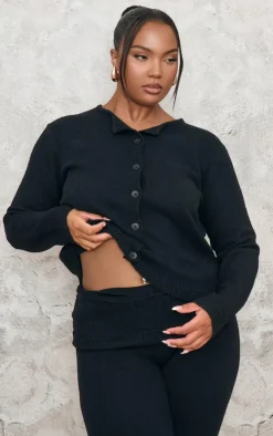 Plus Black Melange Soft Knit Basic Button Up Cardigan