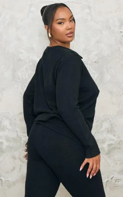 Plus Black Melange Soft Knit Basic Button Up Cardigan