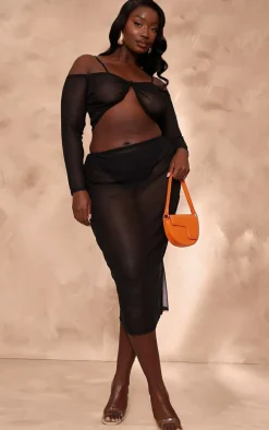 Plus Black Mesh Beach Midi Skirt