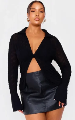 Plus Black Mesh Button Front Shirt