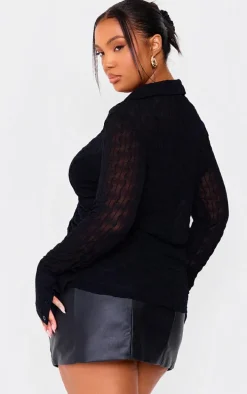 Plus Black Mesh Button Front Shirt