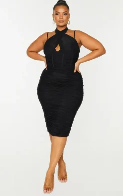 Plus Black Mesh Cross Front Corset Detail Midi Dress