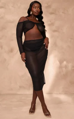 Plus Black Mesh Knot Front Long Sleeve Beach Top