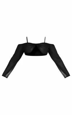 Plus Black Mesh Knot Front Long Sleeve Beach Top