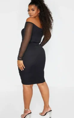 Plus Black Mesh Ruched Bardot Midi Dress
