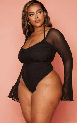 Plus Black Mesh Sleeve Halter Neck Bodysuit