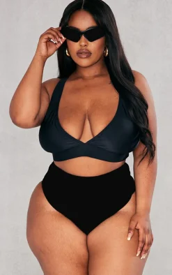 Plus Black Mix & Match Plunge Front Bikini Top