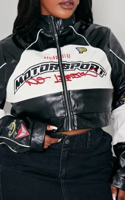 Plus Black Motorsport PU Cropped Biker Jacket