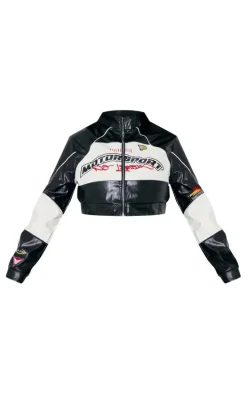 Plus Black Motorsport PU Cropped Biker Jacket