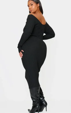 Plus Black Off Shoulder Rib Knitted Midaxi Dress