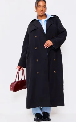 Plus Black Oversized Button Down Trench Coat