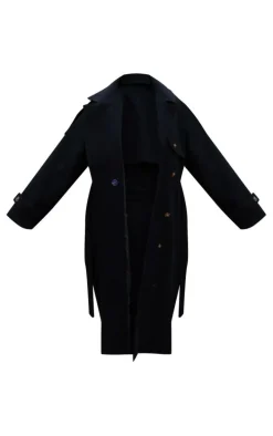 Plus Black Oversized Double Breasted Military Trim Coat
