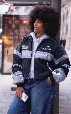 Plus Black Oversized Graphic Zipped Racer Bomber Jacket