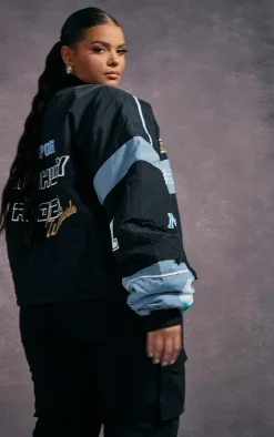 Plus Black Oversized Graphic Zipped Racer Bomber Jacket