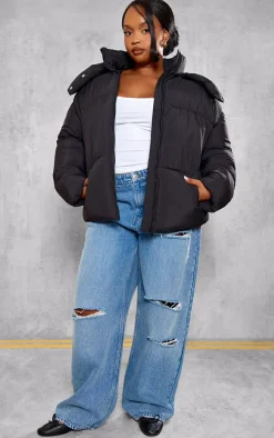 Plus Black Oversized Hooded Puffer Jacket