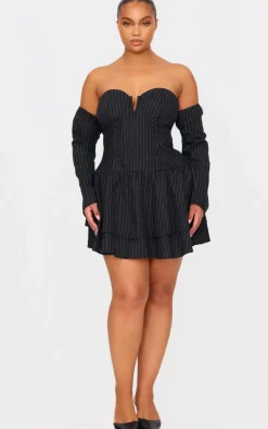 Plus Black Pinstripe Cup Detail Bardot Shift Dress