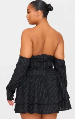 Plus Black Pinstripe Cup Detail Bardot Shift Dress