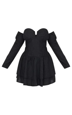 Plus Black Pinstripe Cup Detail Bardot Shift Dress