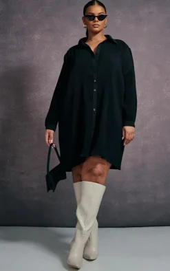 Plus Black Plisse Oversized Shirt Dress