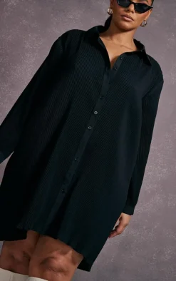 Plus Black Plisse Oversized Shirt Dress