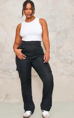 Plus Black Pocket Front Cargo Straight Leg Pants
