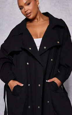 Plus Black Popper Detail Trench Coat