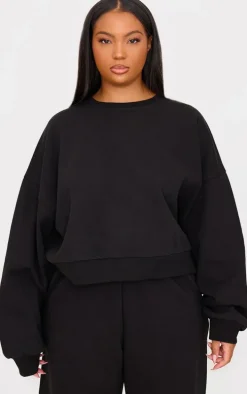 Plus Black Premium Basic Crew Neck Crop Sweatshirt