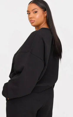 Plus Black Premium Basic Crew Neck Crop Sweatshirt
