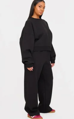 Plus Black Premium Basic Crew Neck Crop Sweatshirt