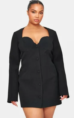 Plus Black Premium Woven Cup Detail Long Sleeve Mini Dress