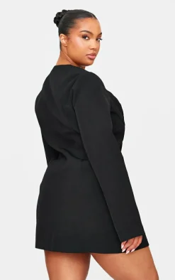 Plus Black Premium Woven Cup Detail Long Sleeve Mini Dress
