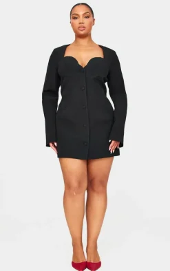 Plus Black Premium Woven Cup Detail Long Sleeve Mini Dress